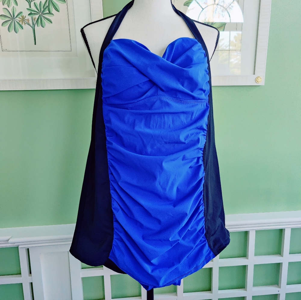 Love Your Assets Spanx One Piece Halter Black Blue Swimsuit XLarge NWOT